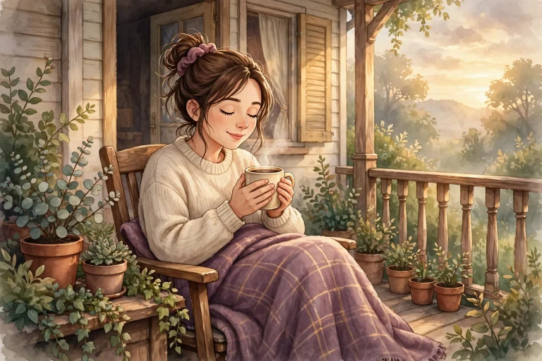 Mom enjoying a quiet morning coffee on the porch