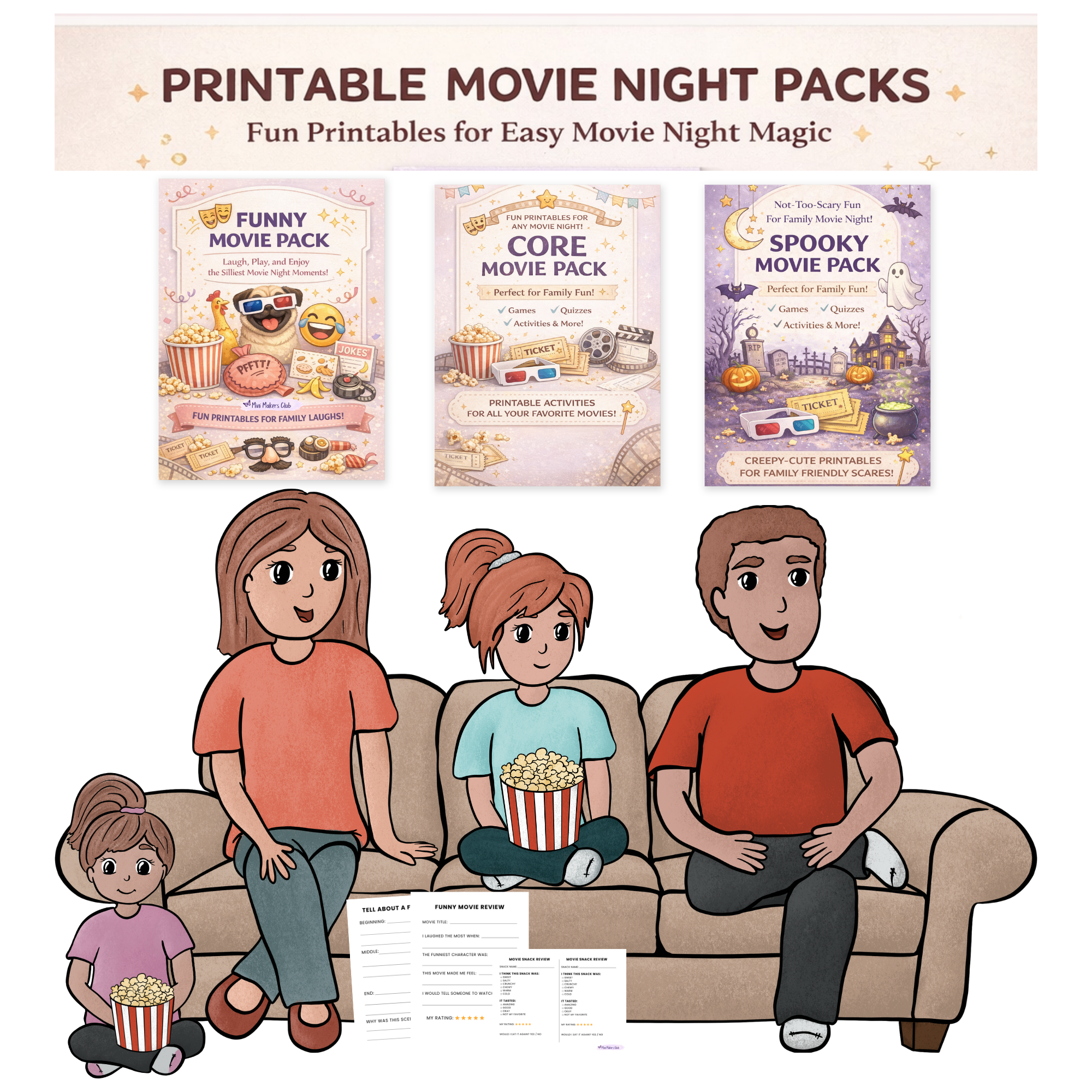 Funny, Spooky and Core Movie night activity packs